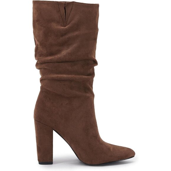 Women's Brown Suede Mid Calf High Slouchy Chunky Heel Block Pointed Toe Boots - Picture 7 of 8